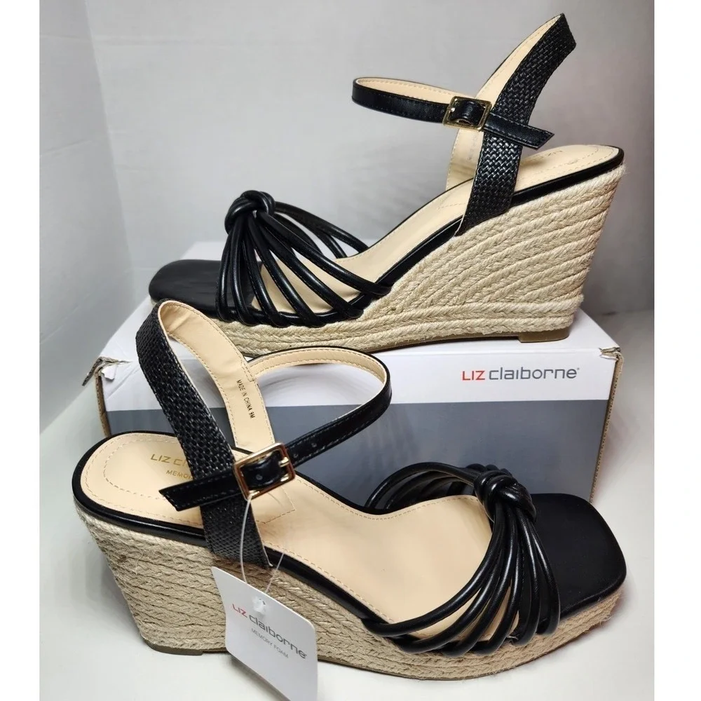Liz Claiborne Womens Marcos Wedge Sandals Memory Foam, Size 9M, Black